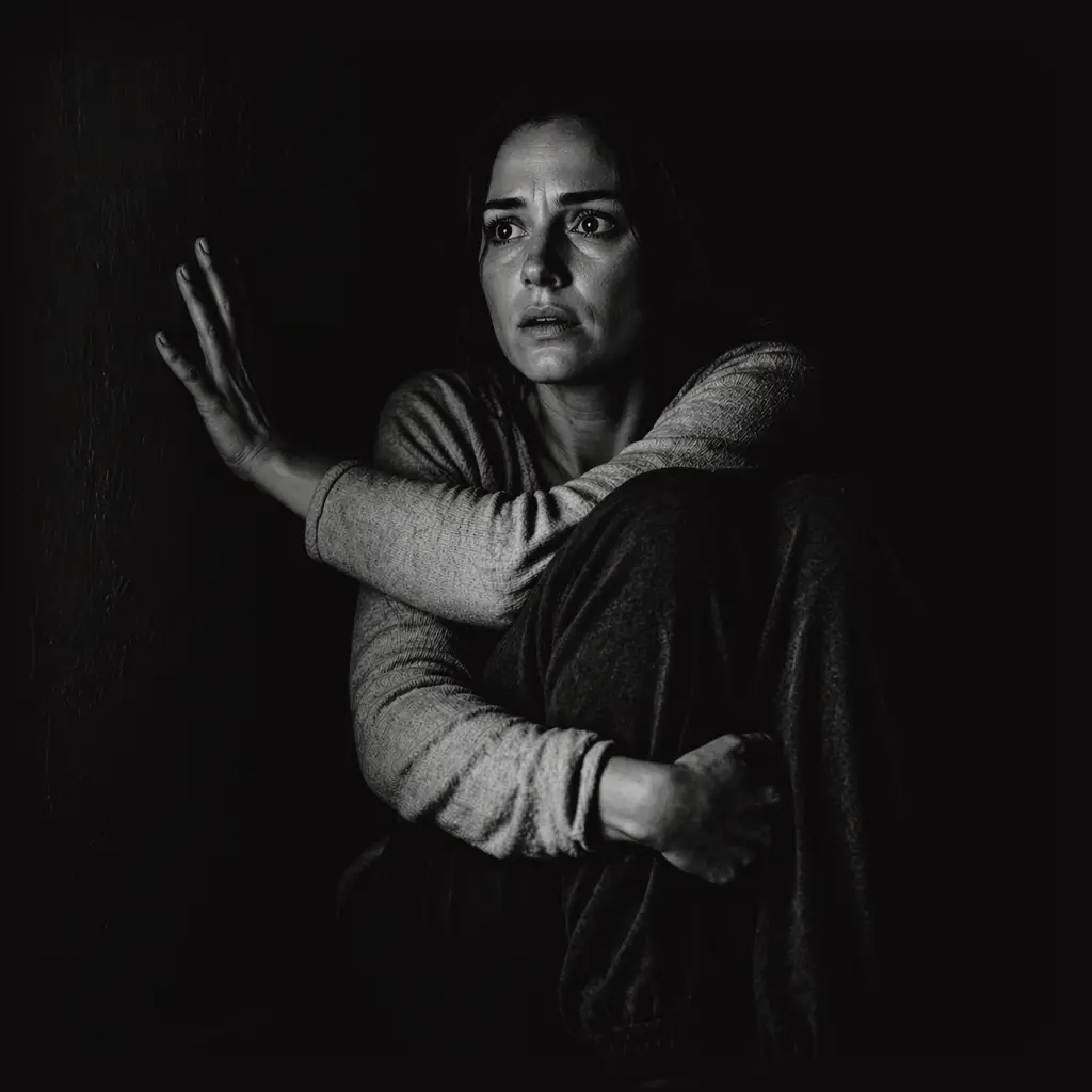 фобии — женщина в темноте, парализованная страхом