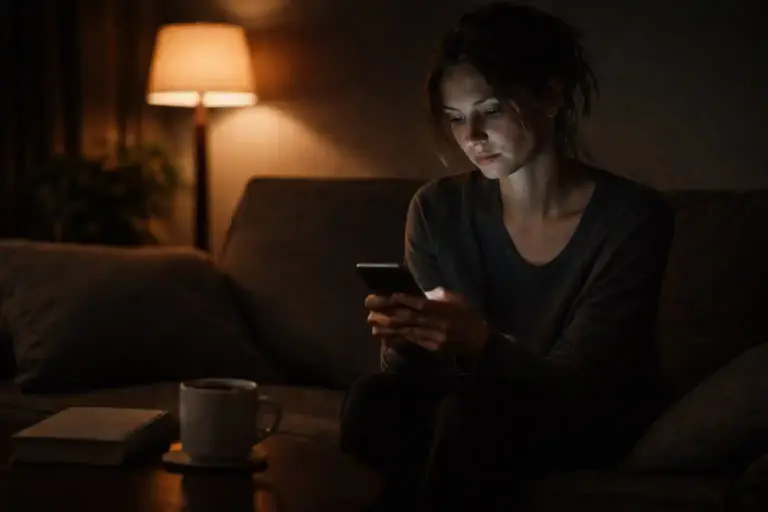 Ничего не радует — девушка с телефоном на диване в пустой комнате